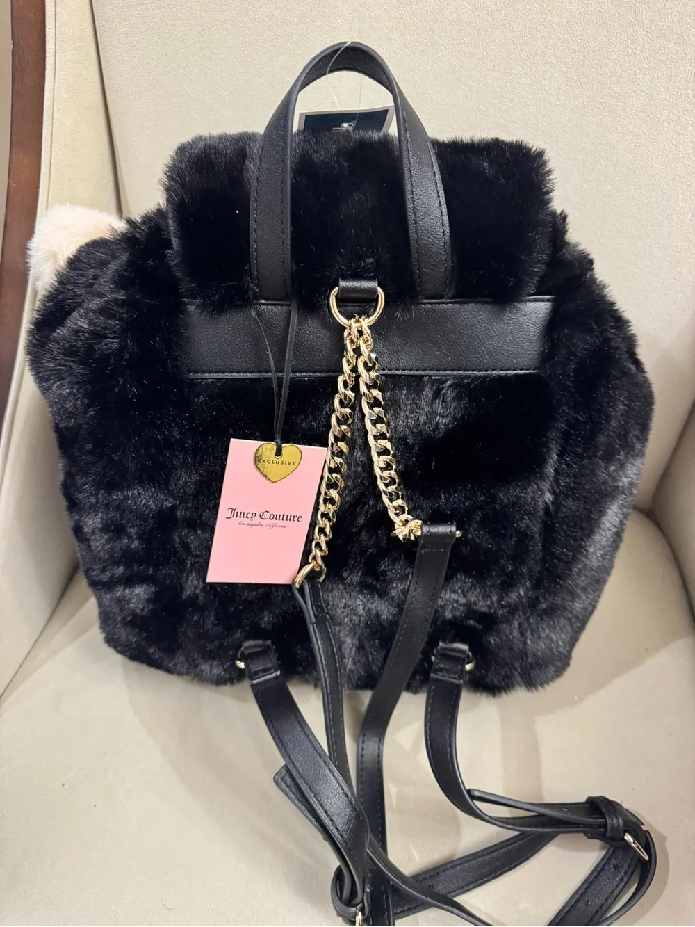 Juicy Couture Black Faux Fur Dreamy Divas Backpack with Pom Pom Charm